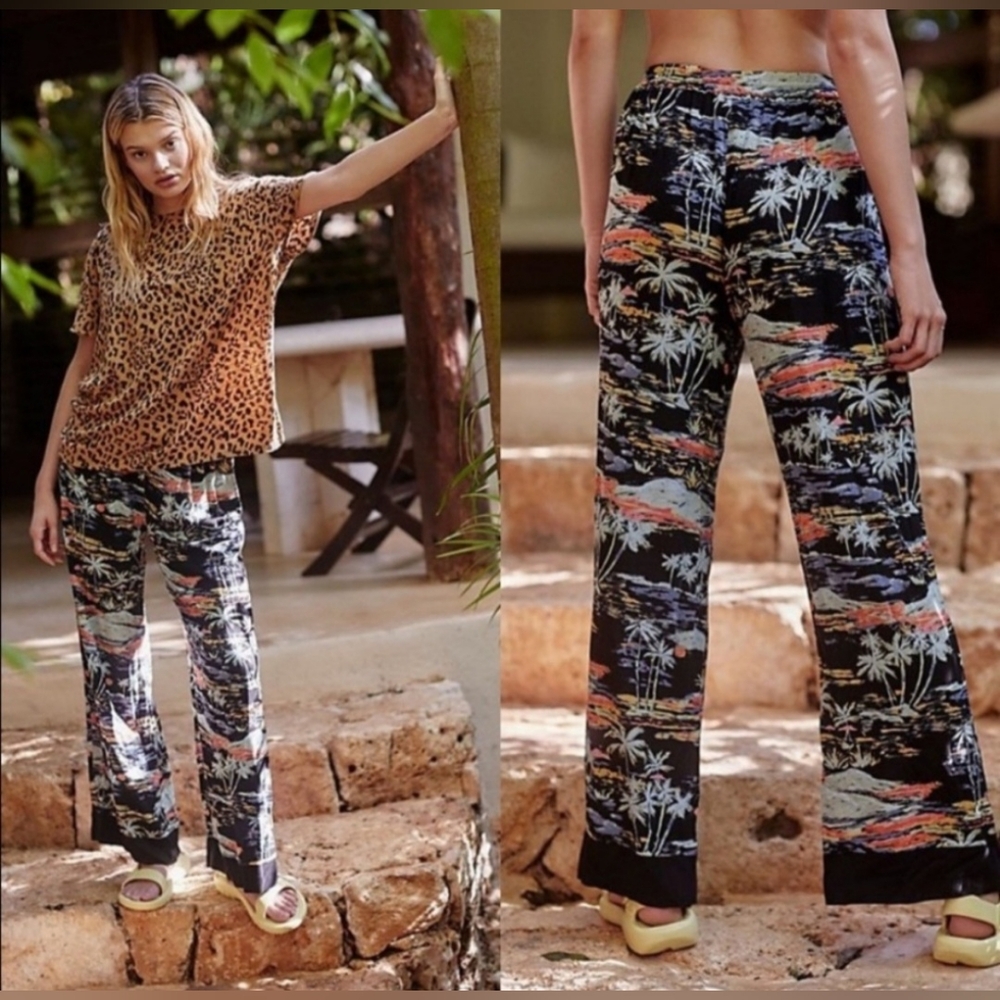 Free People Black Tropical Print Wide Leg Pants